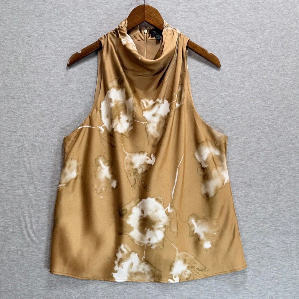 Donna Karan Floral Mock Neck Top Womens XL Tan Satin Sleeveless Quiet Luxury